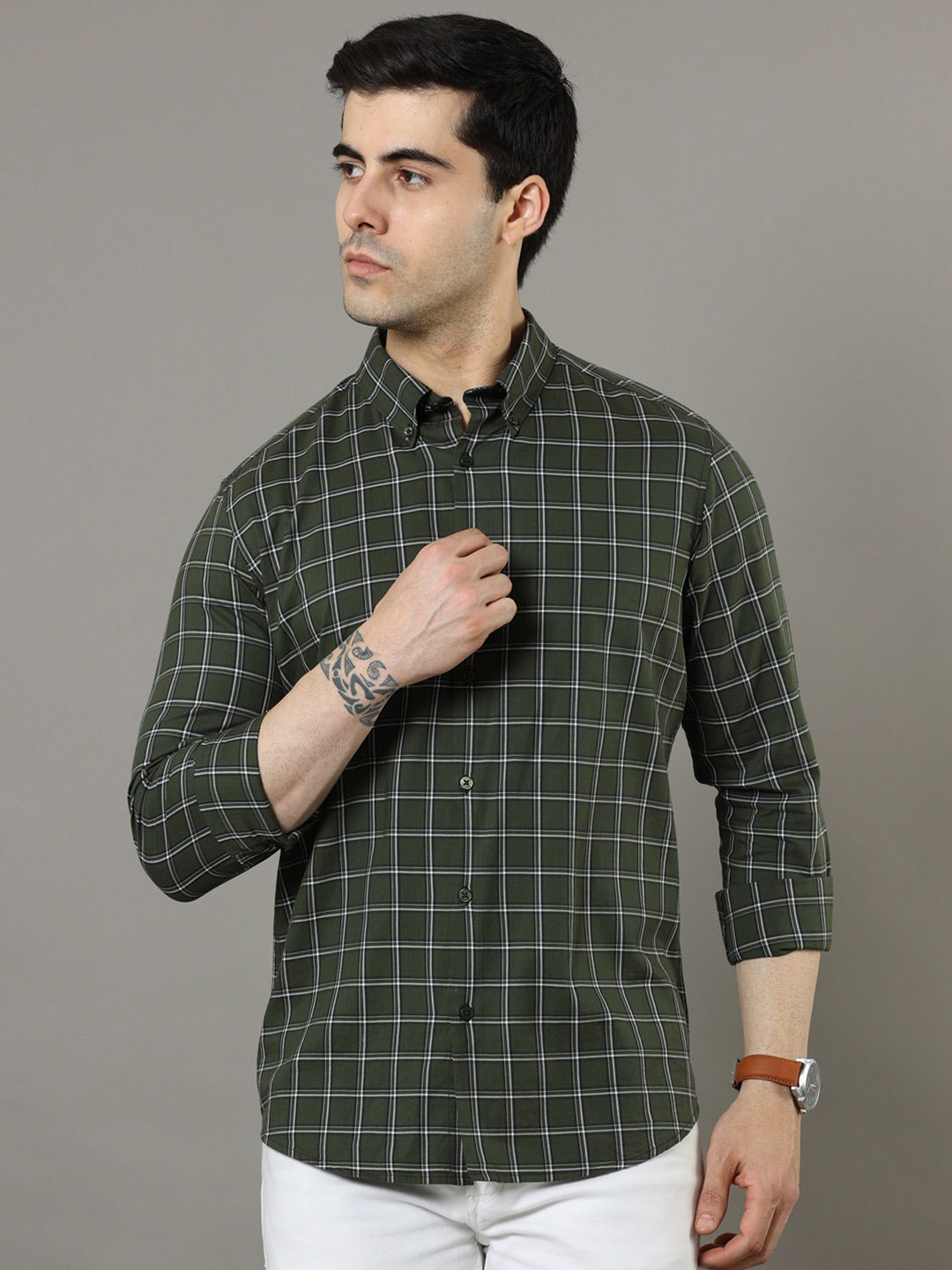 Bushirt Classic Grid Tattersall Checked Button Down Collar Twill Pure Cotton Casual Shirt