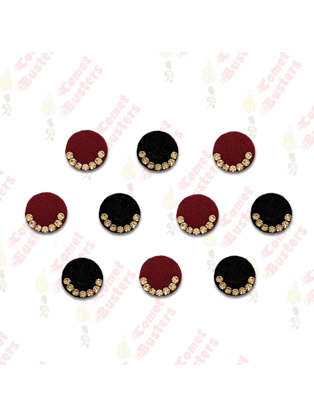 Comet Busters Maroon & Black Embellished Round Shaped Reusable Designer Bindis - 10 Pcs