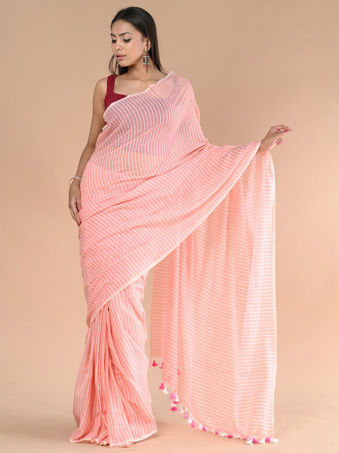 Very Much Indian Striped Pure Cotton Saree With Blouse Piece