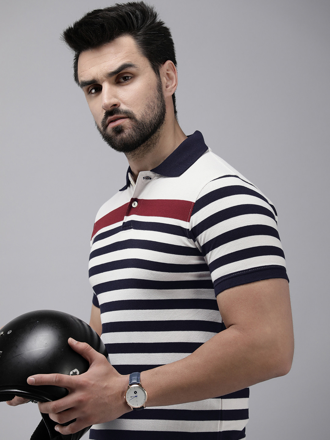Roadster Men White & Navy Blue Striped Polo Collar T-shirt