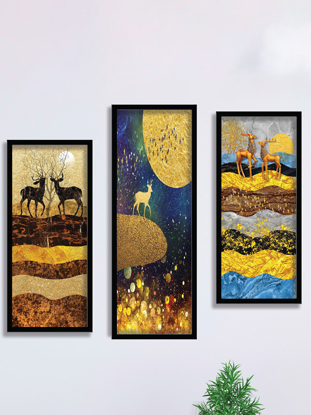 SAF Deer Wood 3 Piece Wall Rectangle Paintings Wall Art - 7.5 x 16.5In