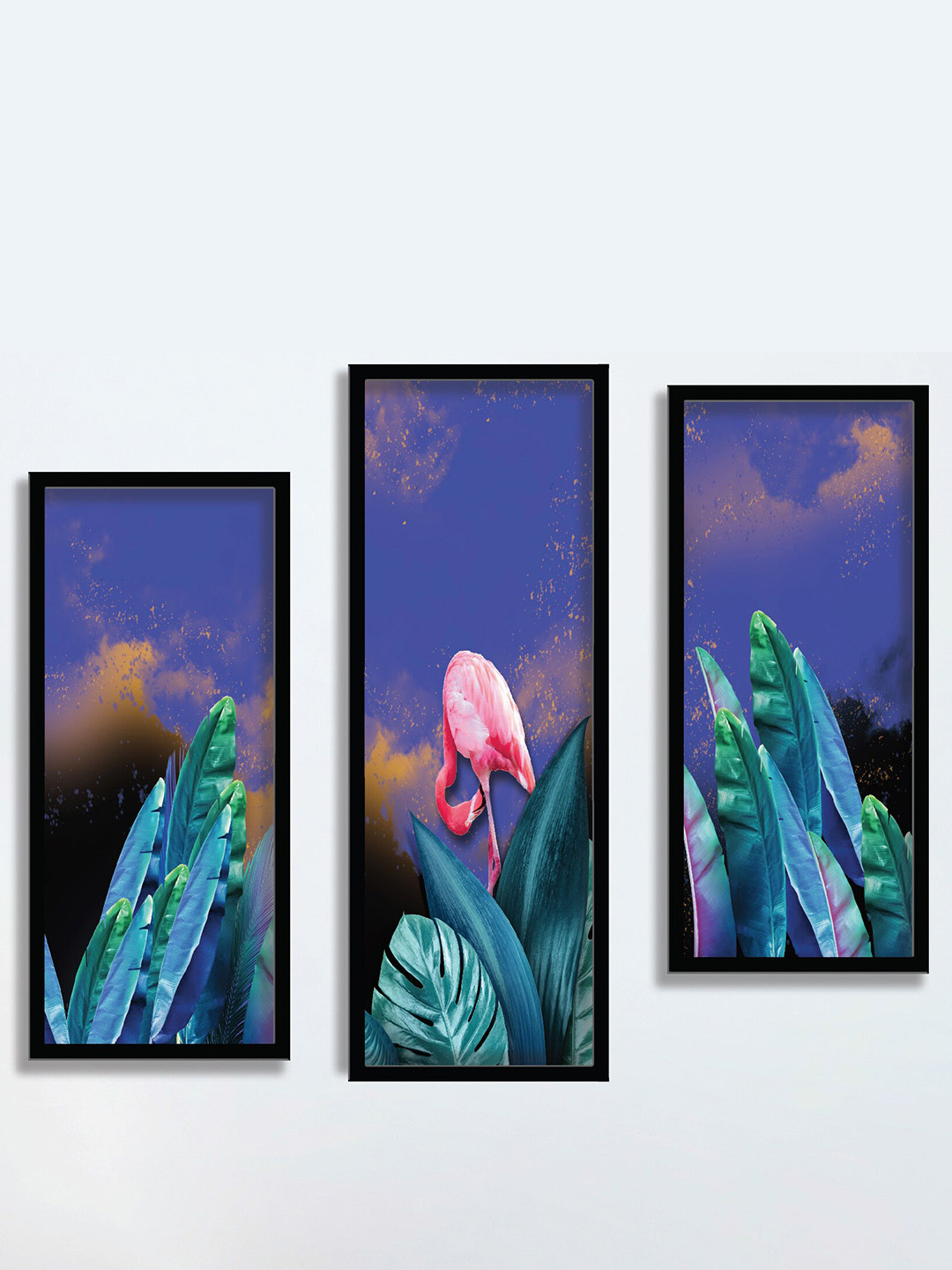 SAF Blue & Green 3 Pieces Flamingo & Tropical Leaves Wall Art