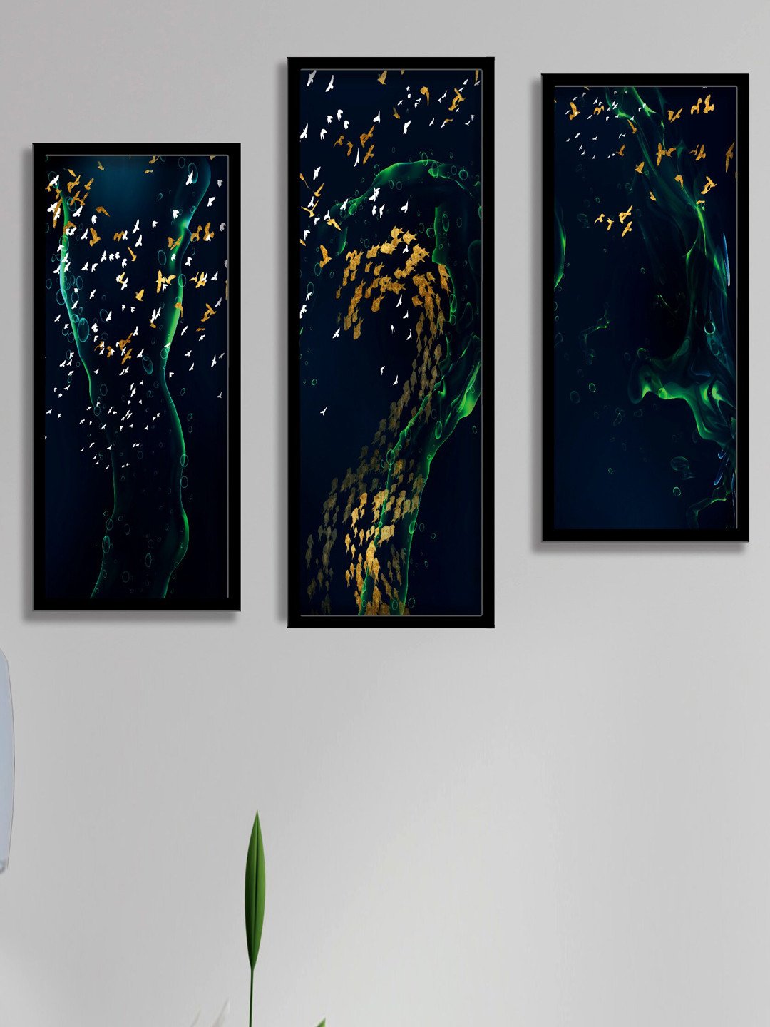 SAF Navy Blue & Green 3 Pieces Abstract UV Coating Wall Painting