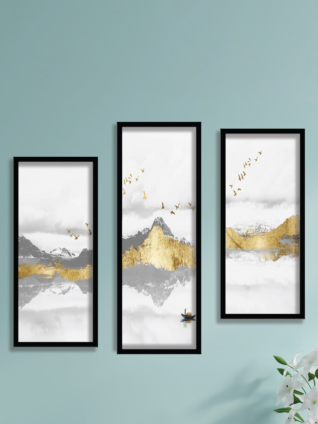 SAF White & Grey 3 Pieces Abstract  UV Coating Wall Painting