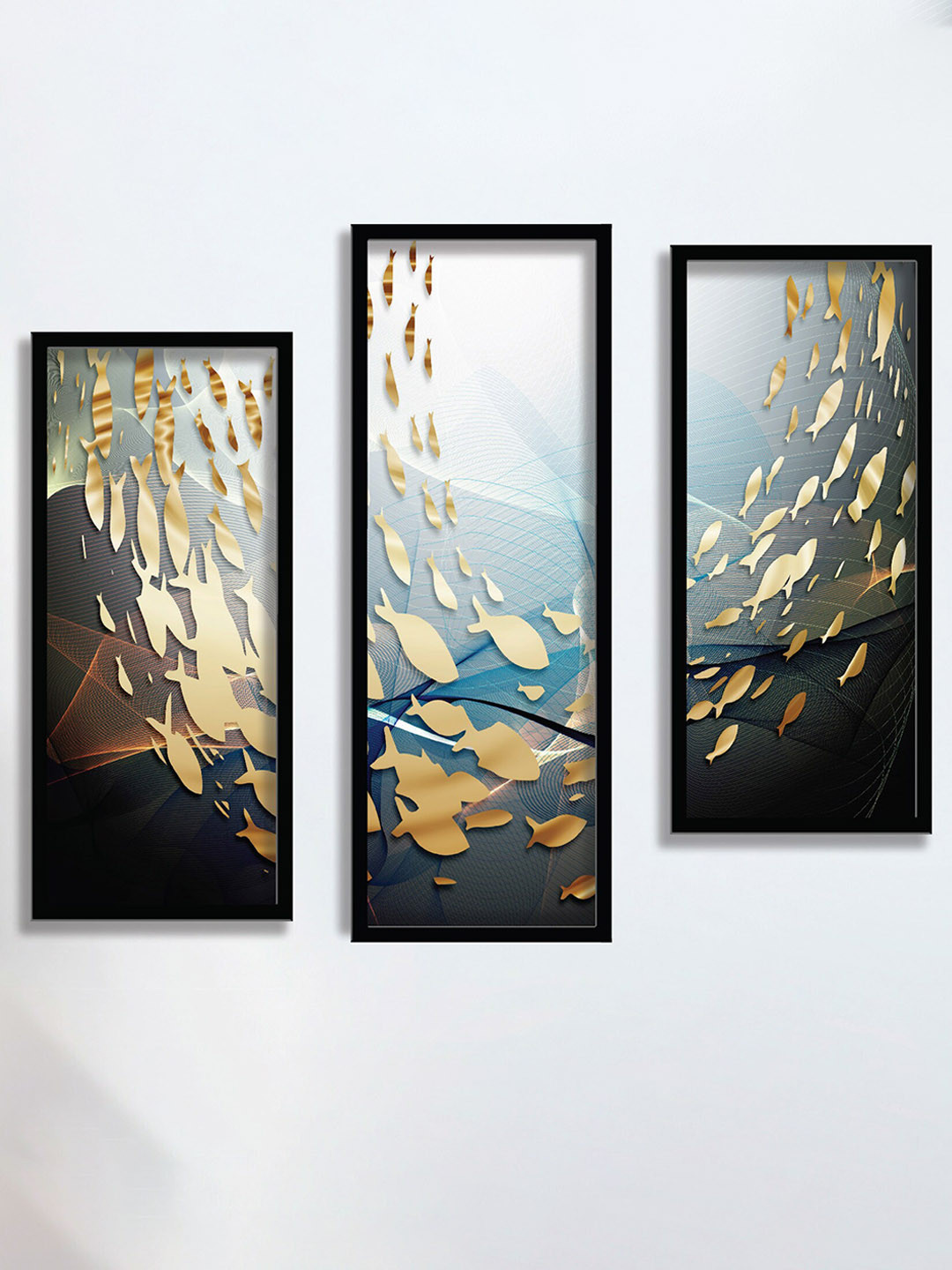 SAF Blue & White 3 Pieces Painting Fish Wall Art