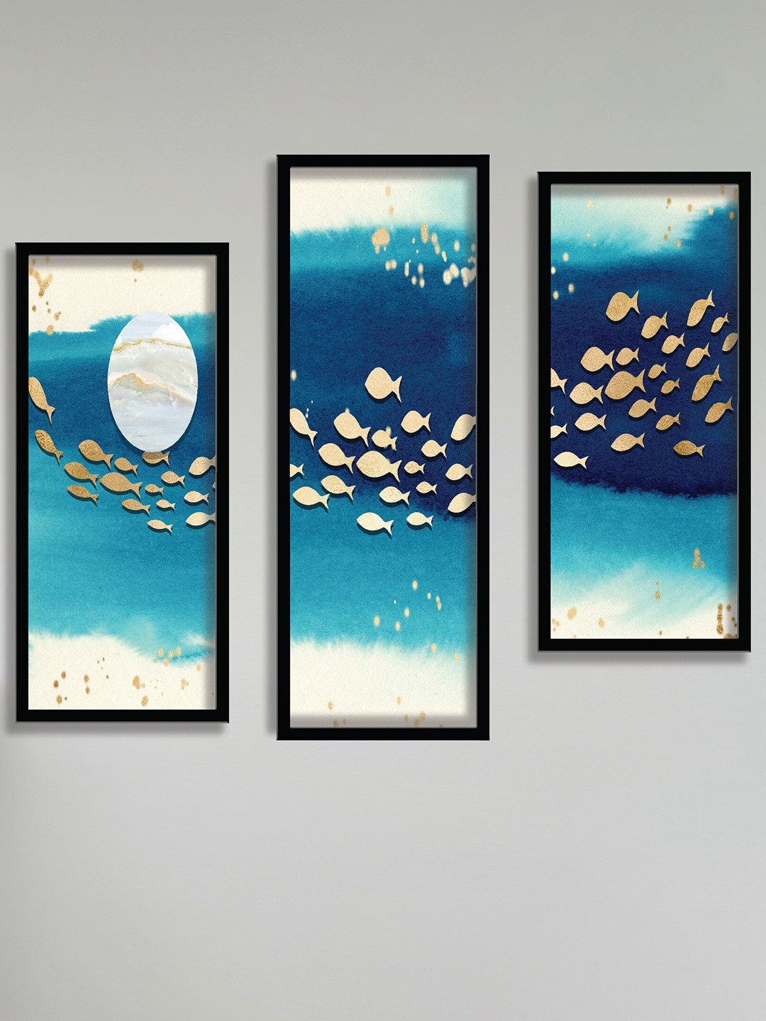 SAF White & Blue 3 Pieces Sea & Fish Painting Wall Art
