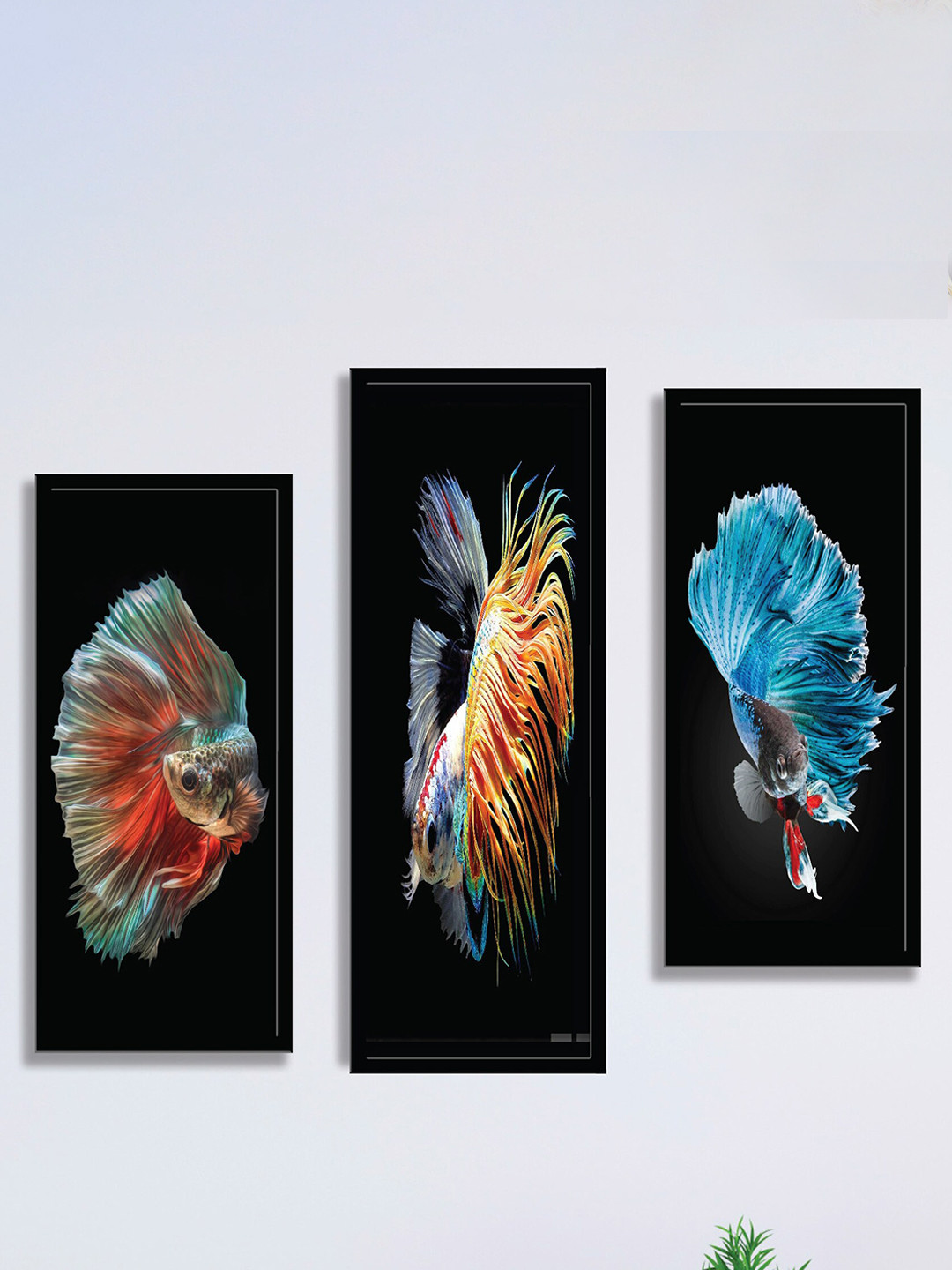 SAF Black & Red 3 Pieces Unique Fish Framed Painting Wall Art