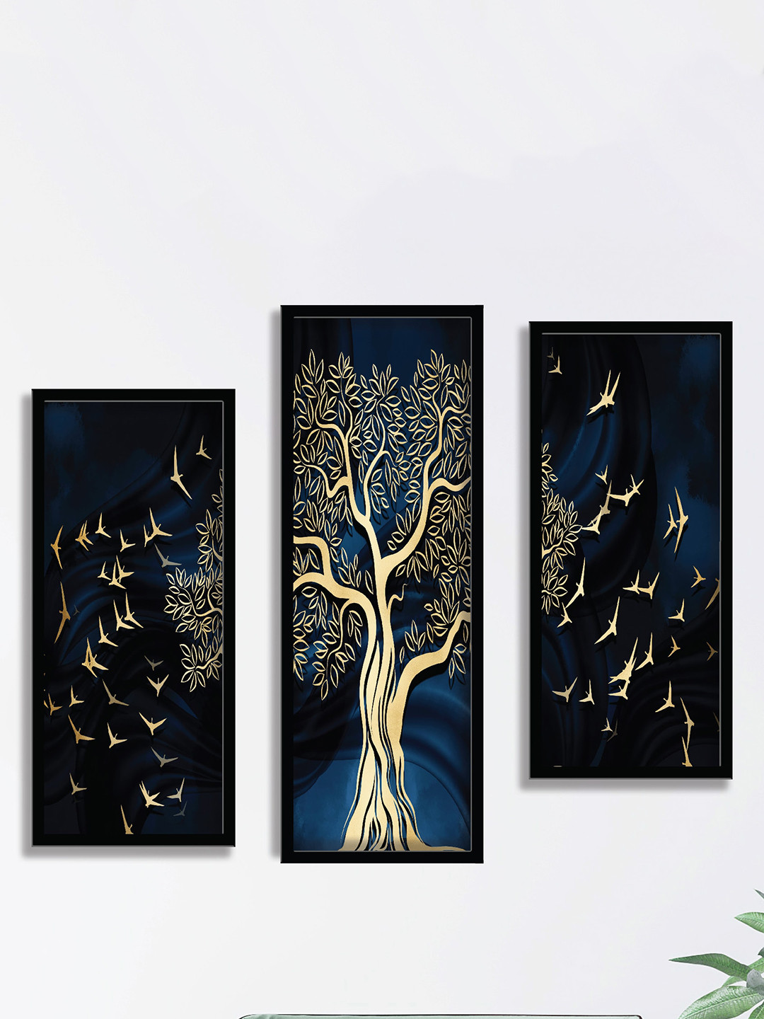 SAF Black & Blue 3 Pieces Tree And Birds Framed Painting Wall Art