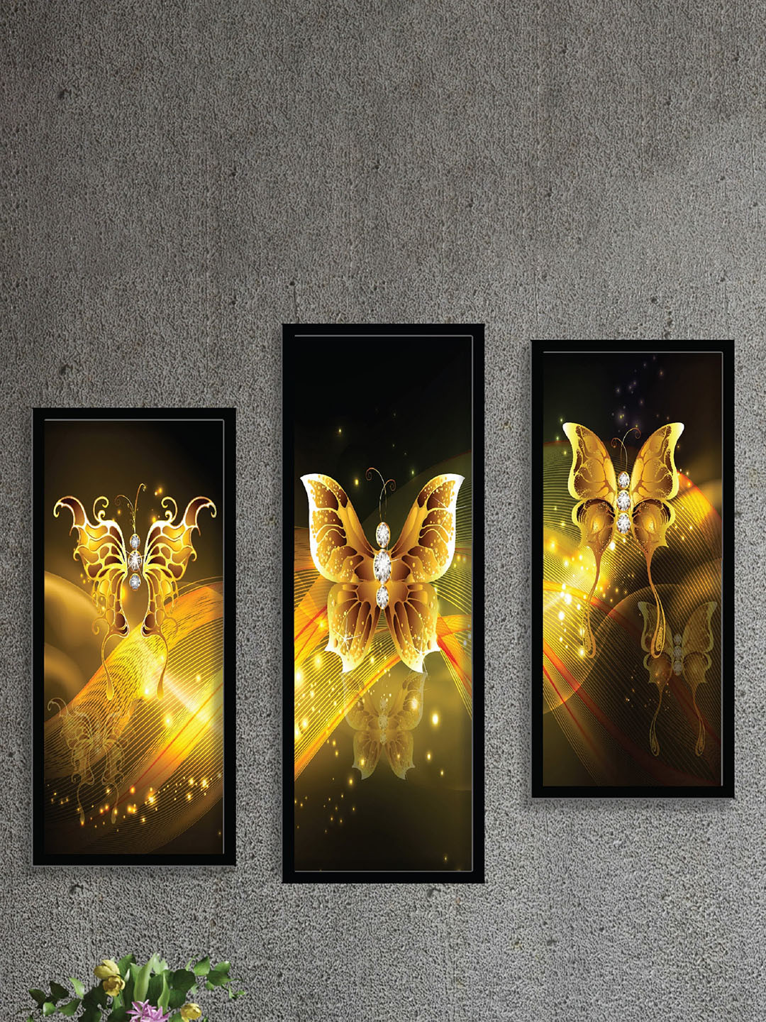SAF Butterfly Wood 3 Piece Wall Rectangle Paintings Wall Art