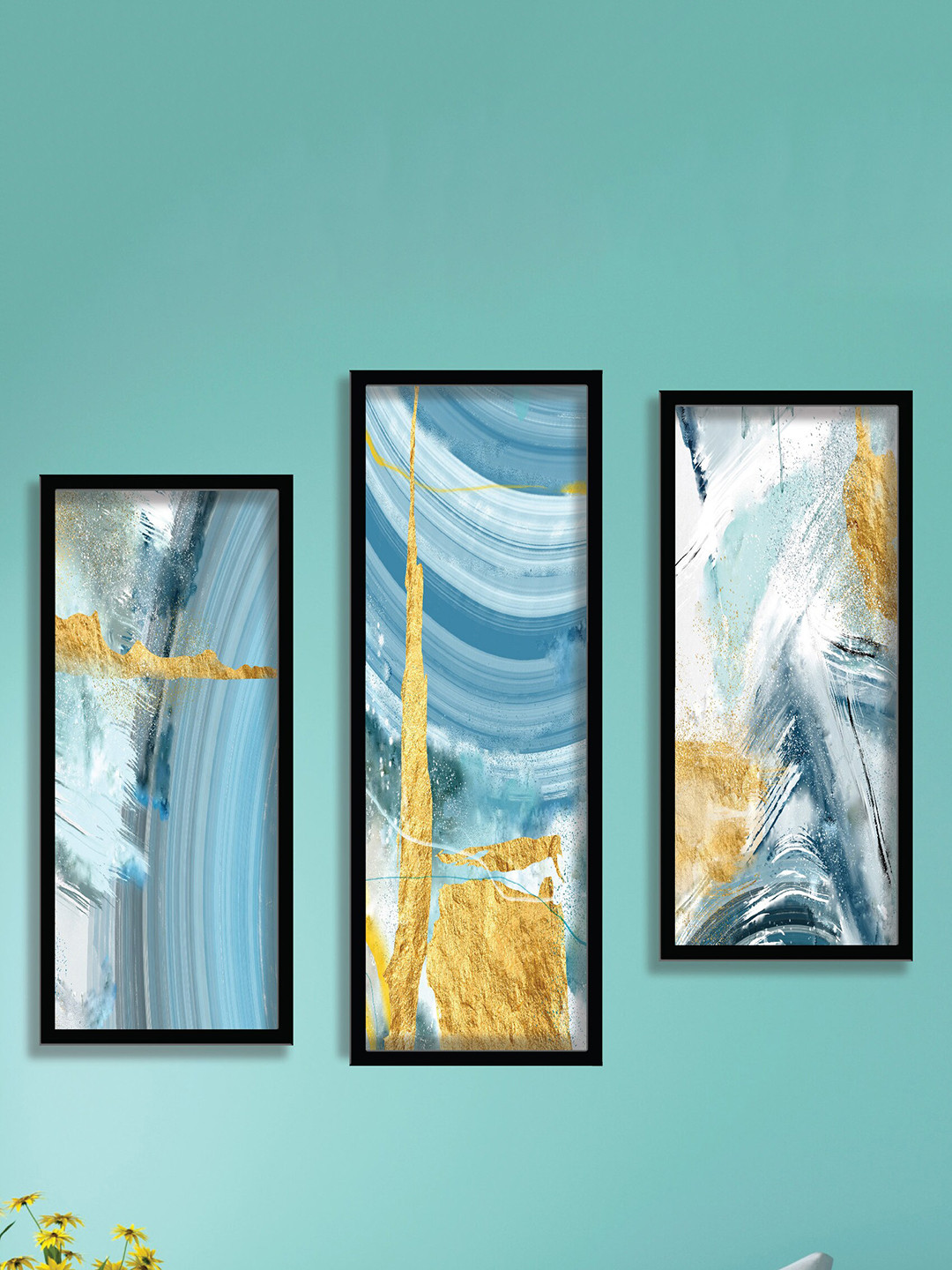 SAF Blue & White 3 Pieces Abstract Painting Wall Art