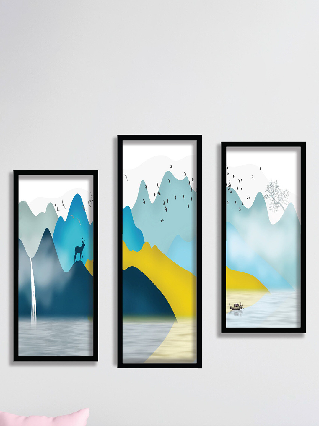 SAF White & Blue 3 Pieces Deer Art Painting Wall Art