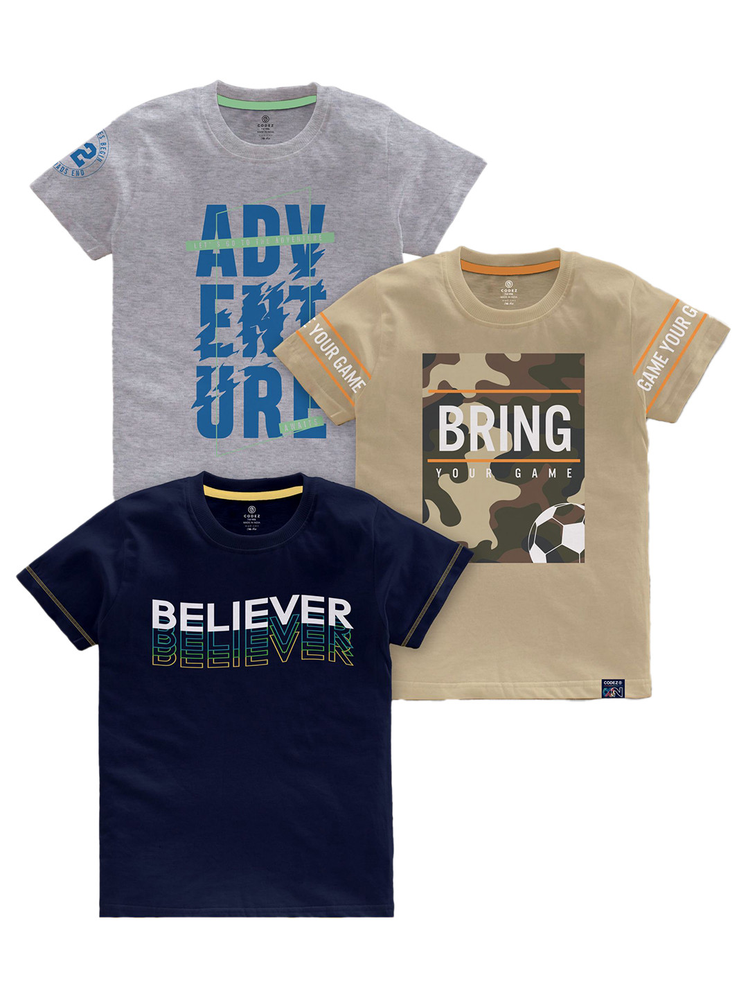 CODEZ Boys Typography Printed Pack Of 3 Cotton T-Shirts