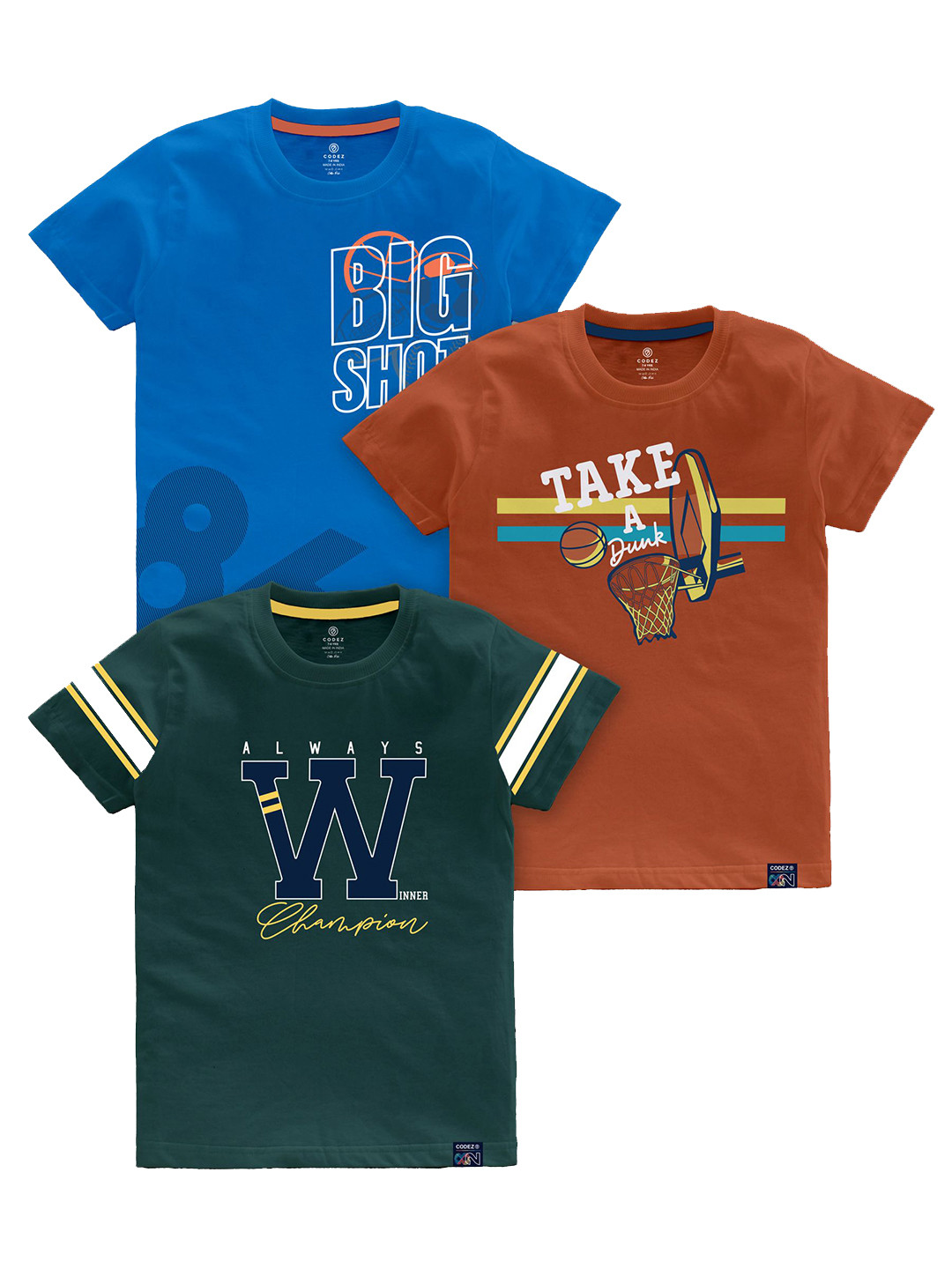 CODEZ Boys Typography Printed Pack Of 3 Cotton T-Shirts