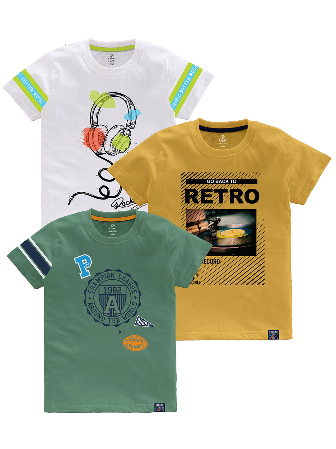 CODEZ Boys Multicoloured Typography Printed V-Neck Applique T-shirt