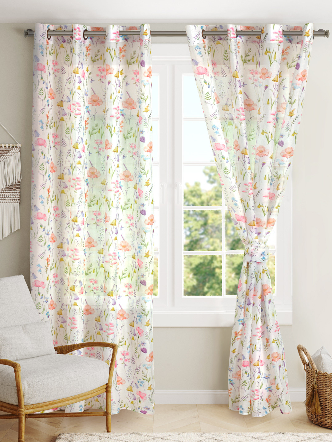 BLANC9 2 Pieces White & Green Floral Sheer Door Curtain