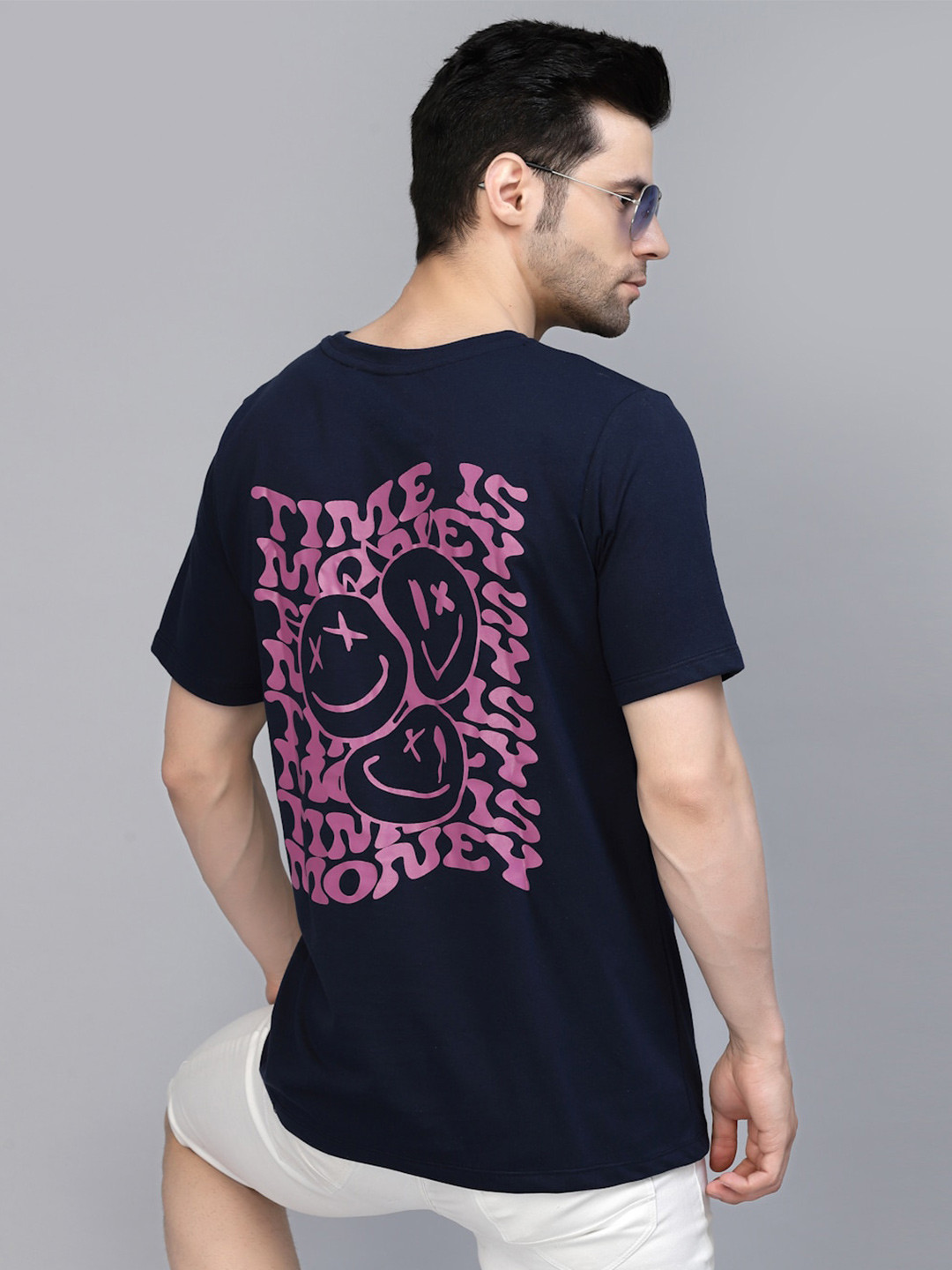 Navy Blue & Pink Typography Printed Cotton T-shirt