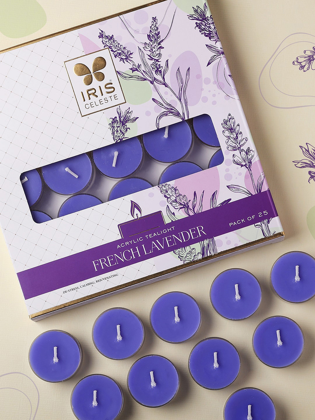 IRIS CELESTE Acrylic 25Pcs 1 Wick French Lavender Solid Round Regular Tea Light Candles