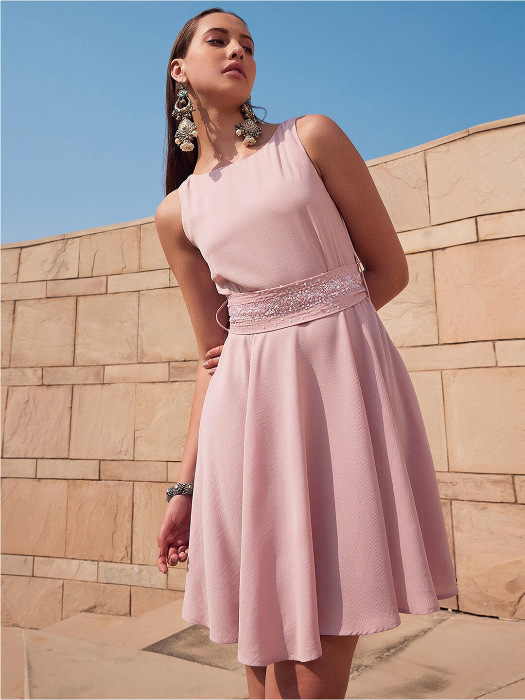FabAlley X Siddarth Pink Crepe Fit & Flare Dress