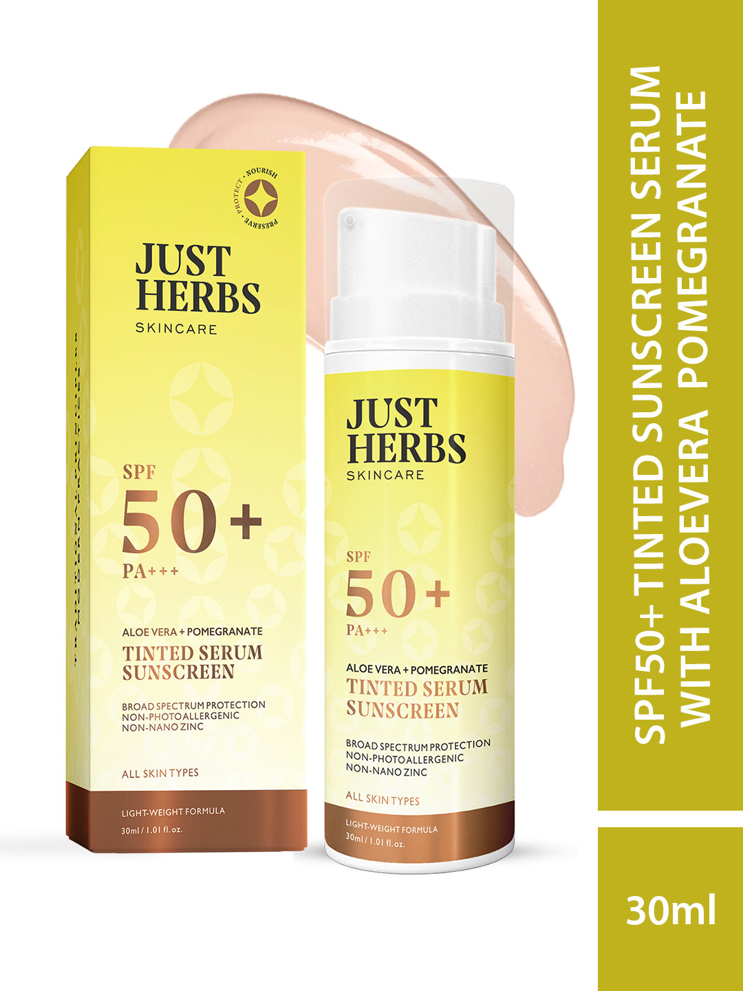 Just Herbs SPF50+ Tinted Sunscreen Serum with Aloevera & Pomegranate - 30 ml