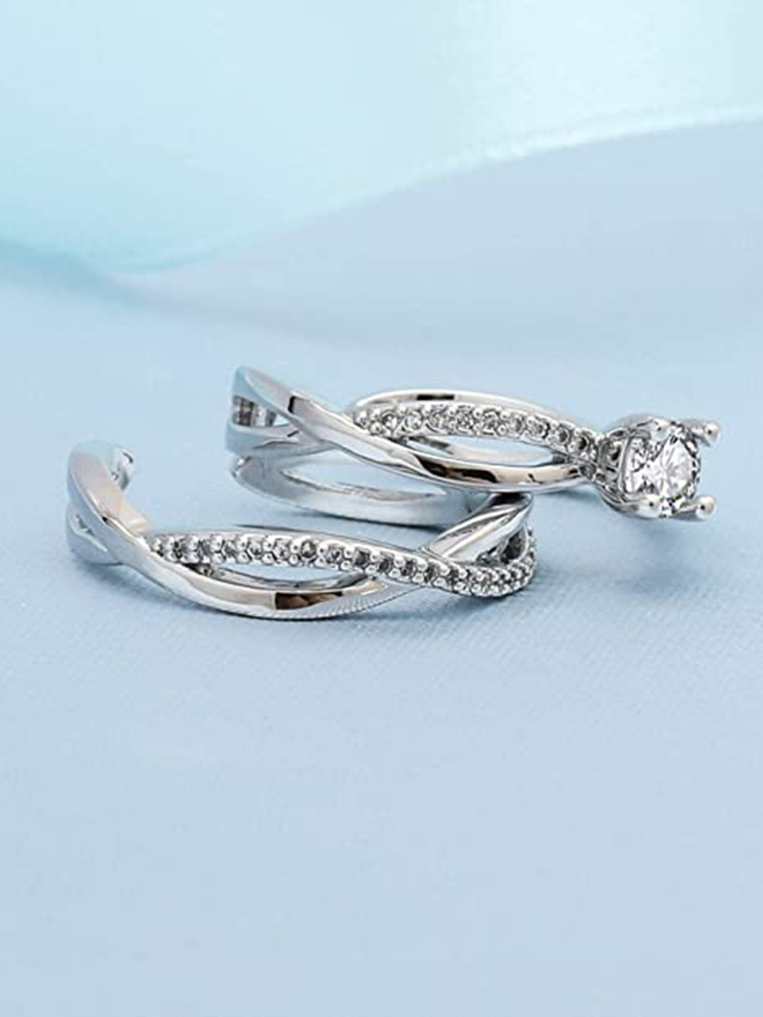 VIEN Silver-Plated CZ-Studded Adjustable Couple Rings