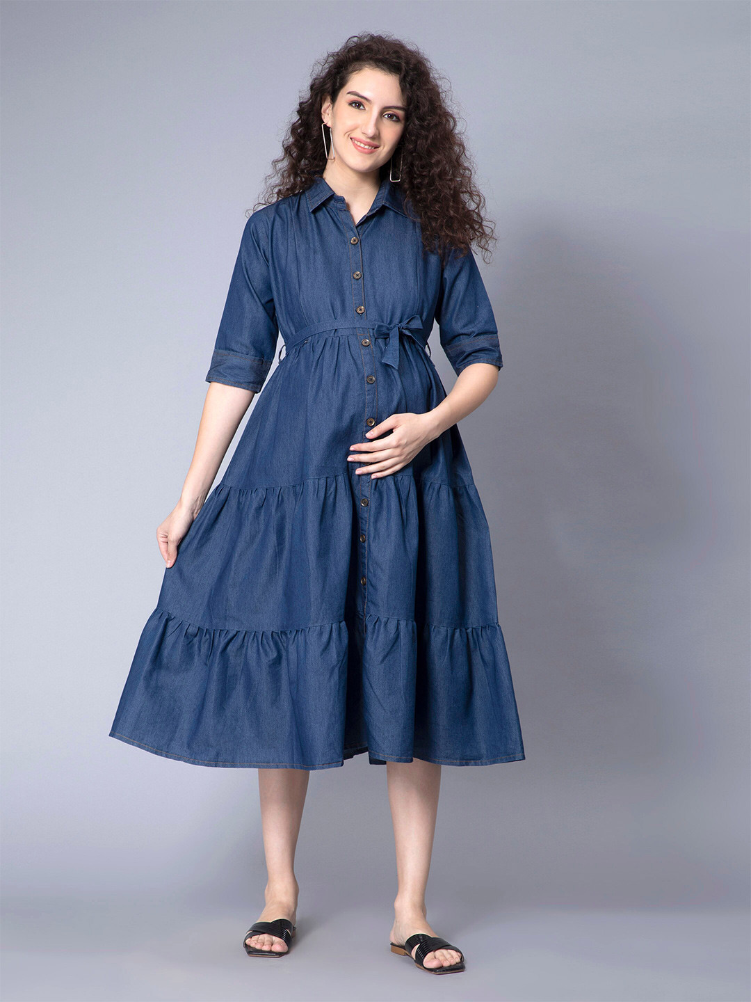 NIGHTSPREE Blue Denim Maternity Shirt Midi Dress
