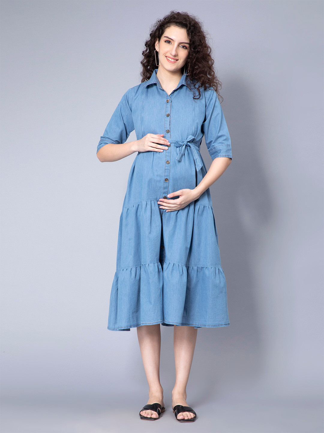 NIGHTSPREE Shirt Collar Tiered Denim Cotton Maternity Shirt Midi Dress With Belt