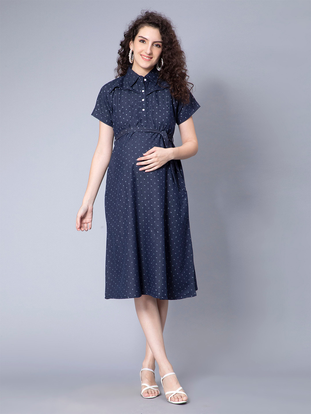 NIGHTSPREE Blue Polka Dot Print Denim Maternity Shirt Midi Dress