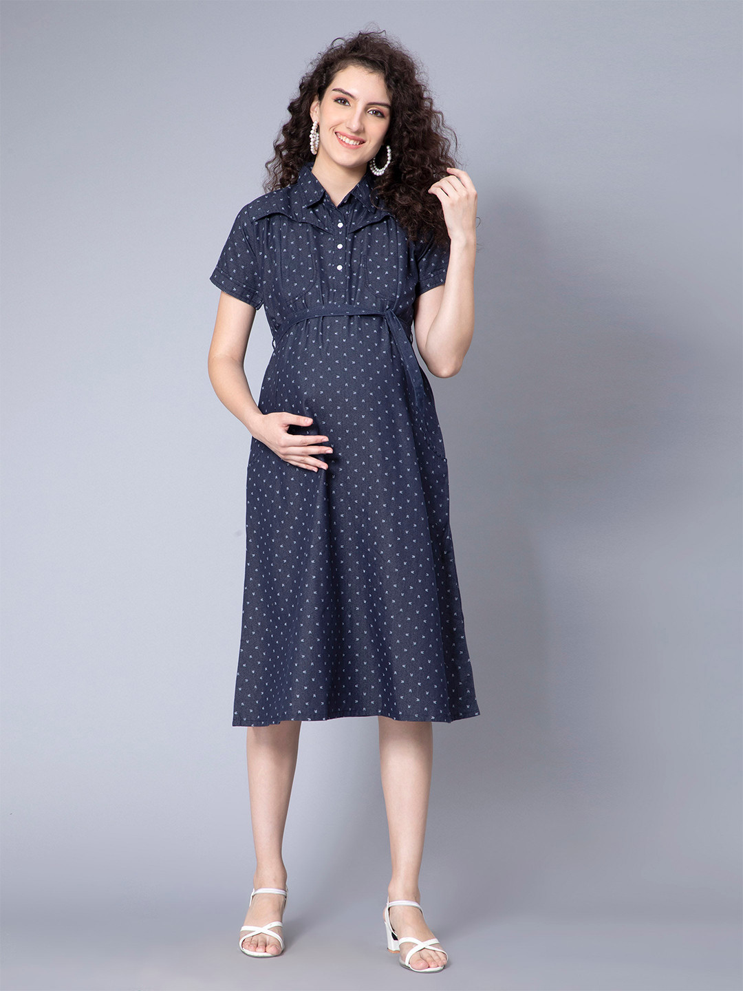 NIGHTSPREE Conversational Printed Cotton Denim Maternity Shirt Midi Dress With Belt