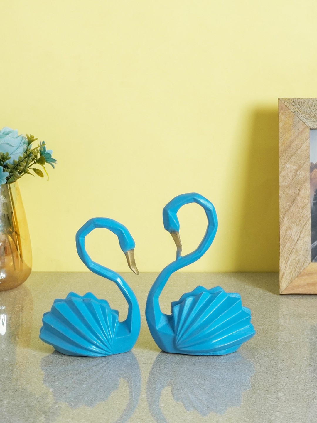 The Decor Mart Love Swan Blue Resin Matte Living Room Set of 2 Small Showpieces - 6.9 Inches