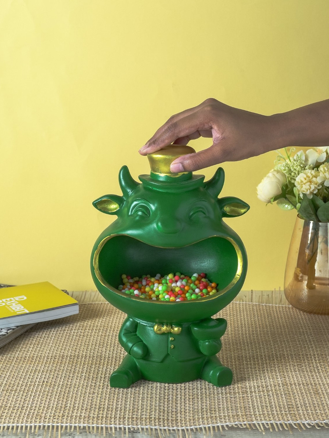 The Decor Mart Funny Cat Candy Green Resin Natural Living Room Medium Showpiece - 11.2 Inches