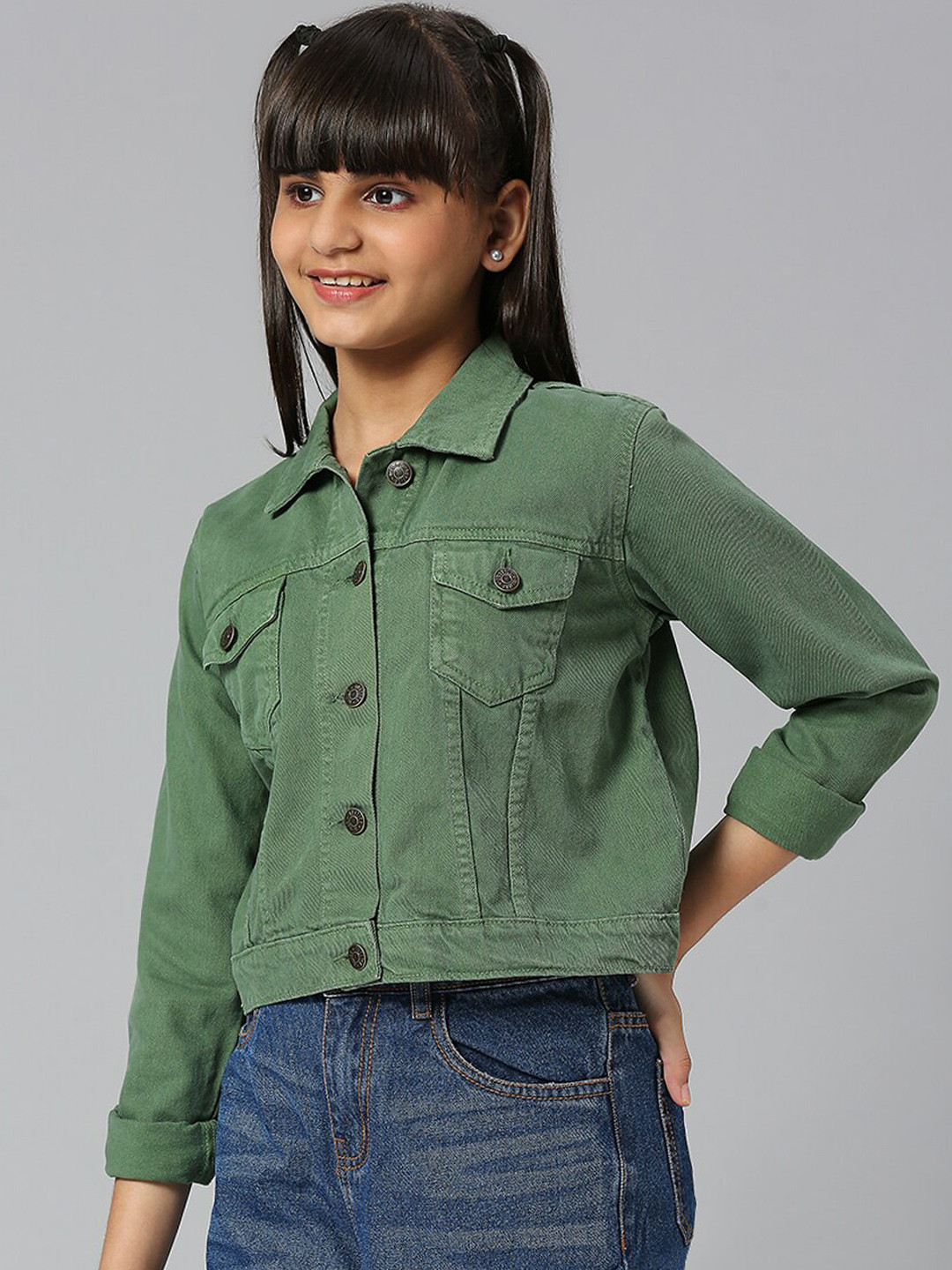 JUSTICE Girls Spread Collar Crop Denim Jacket