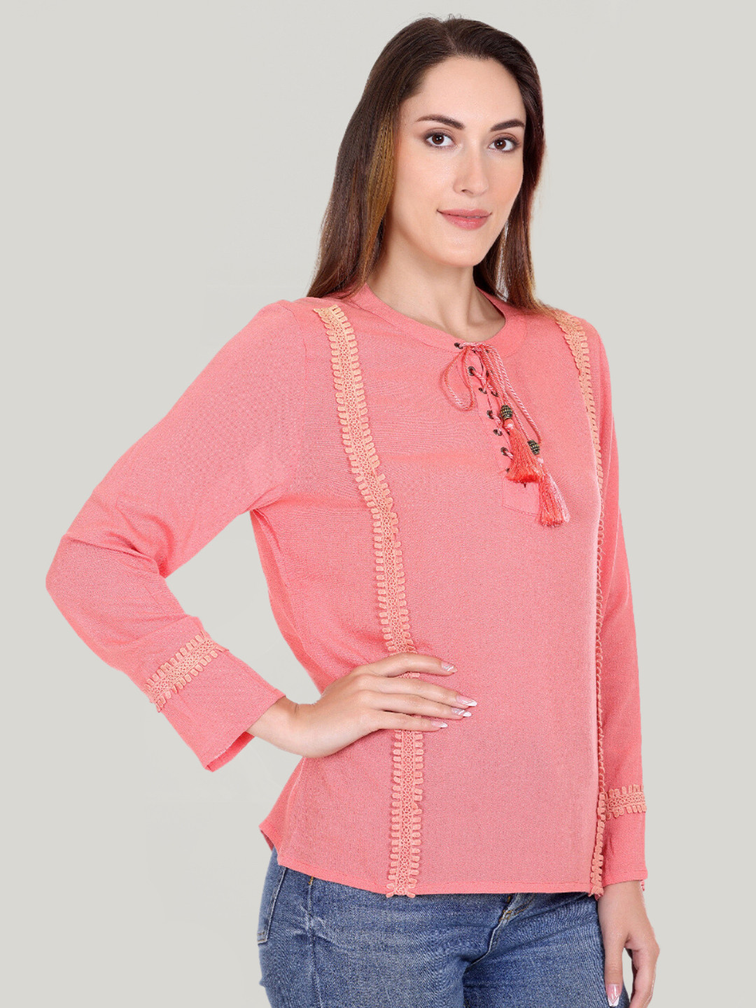 Moda Elementi Tie-Up Neck Long Sleeves Cotton Top