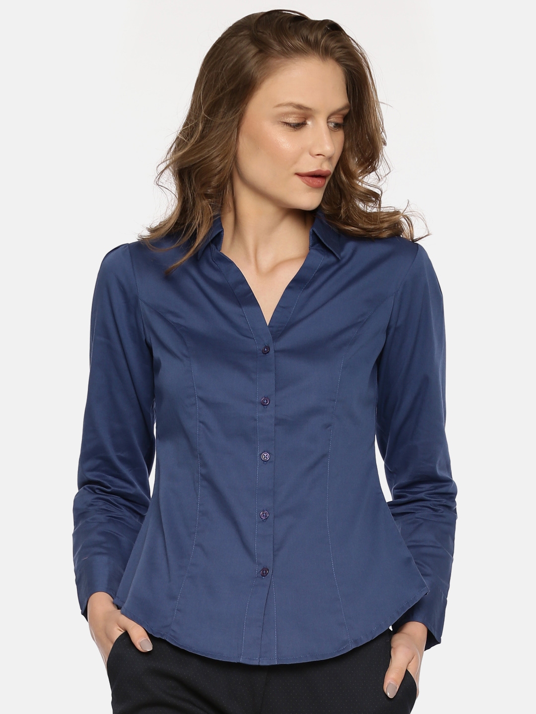 Wills Lifestyle Women Blue Regular Fit Solid Formal Shirt