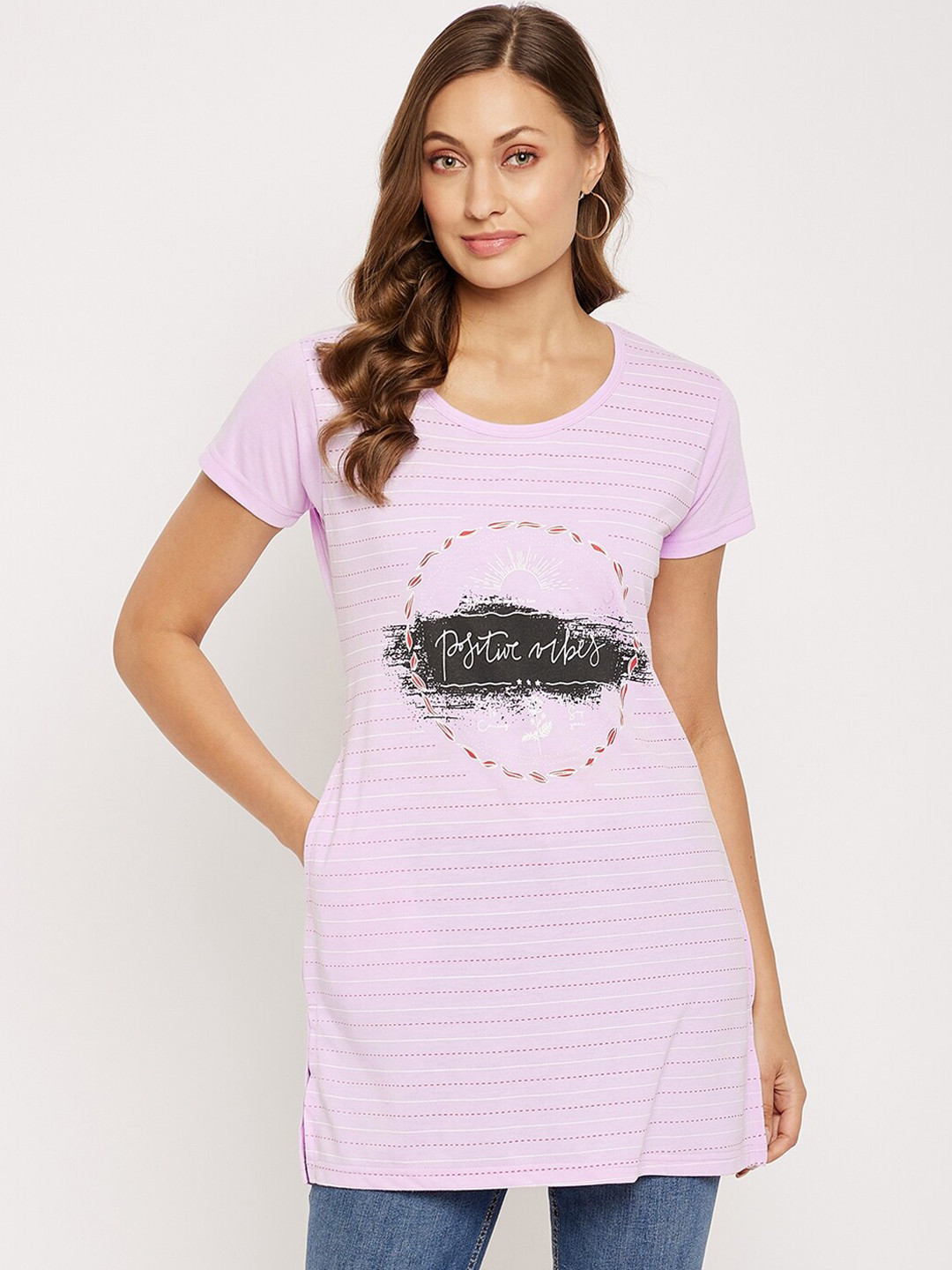 VERO AMORE Horizontal Stripes & Typography Print Longline Cotton T-shirt