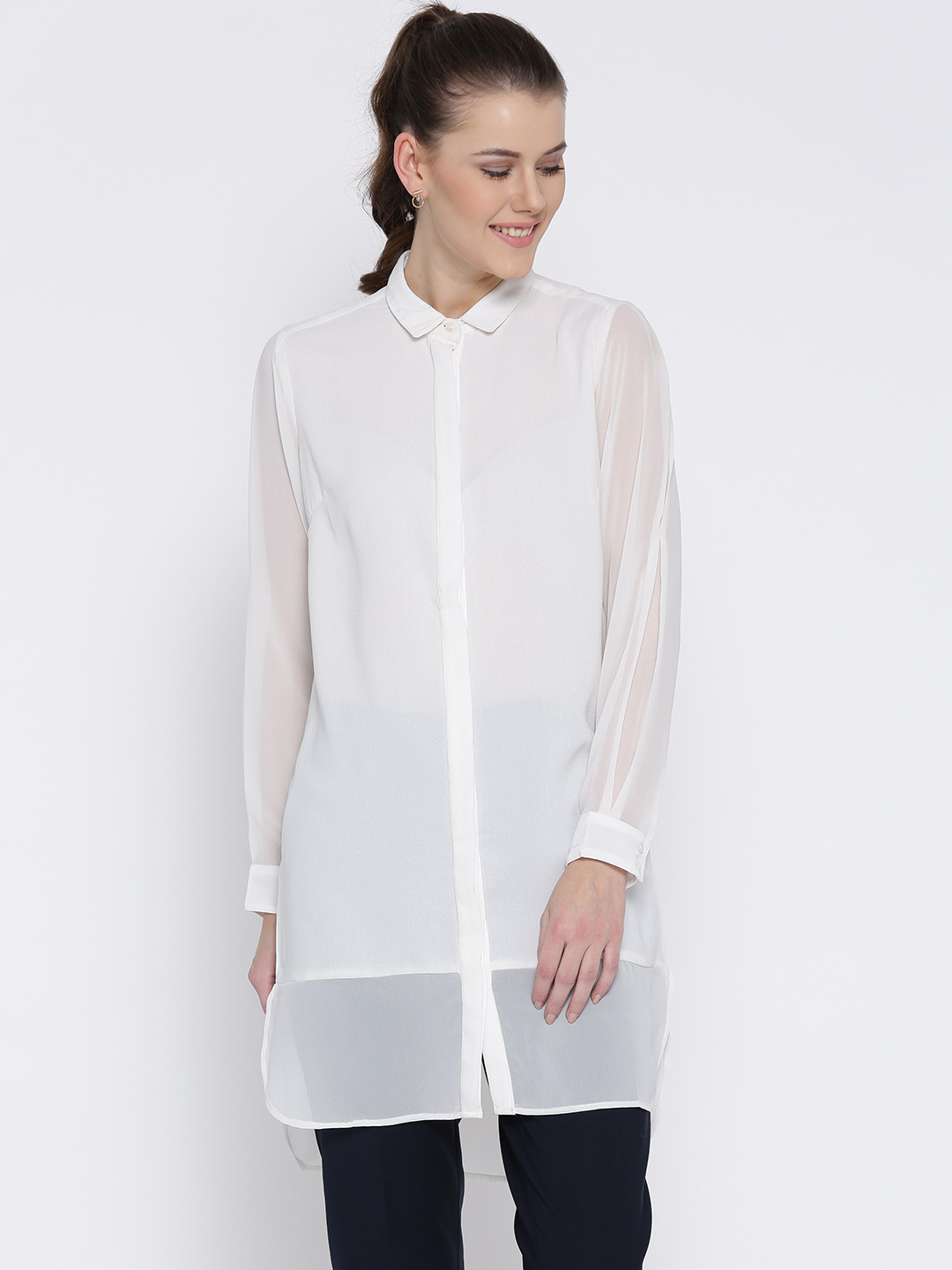 Wills Lifestyle Off-White Longline Solid Shirt Tunic