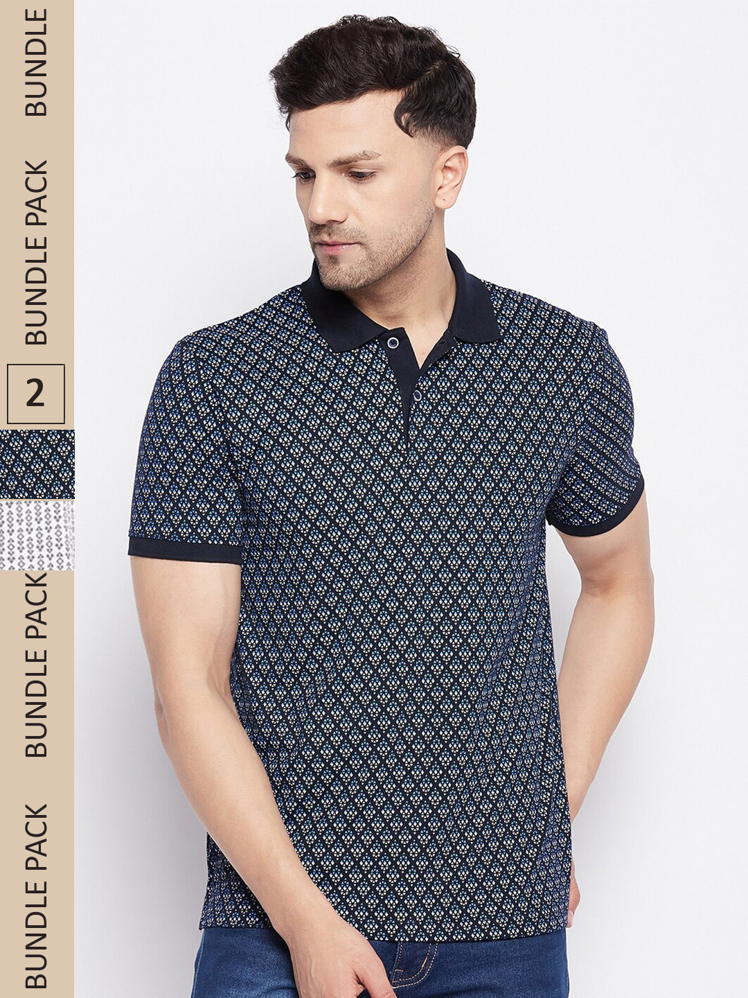 WILD WEST Men Pack of 2 Printed Polo Collar Cotton T-shirts