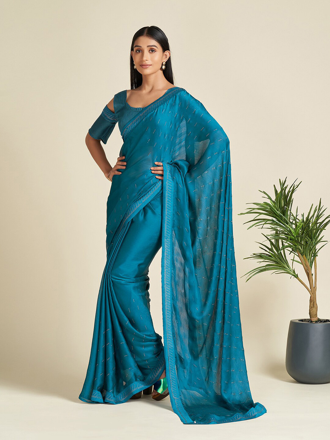 Saree mall Blue & Silver-Toned Embellished Stone Work Satin Sarees