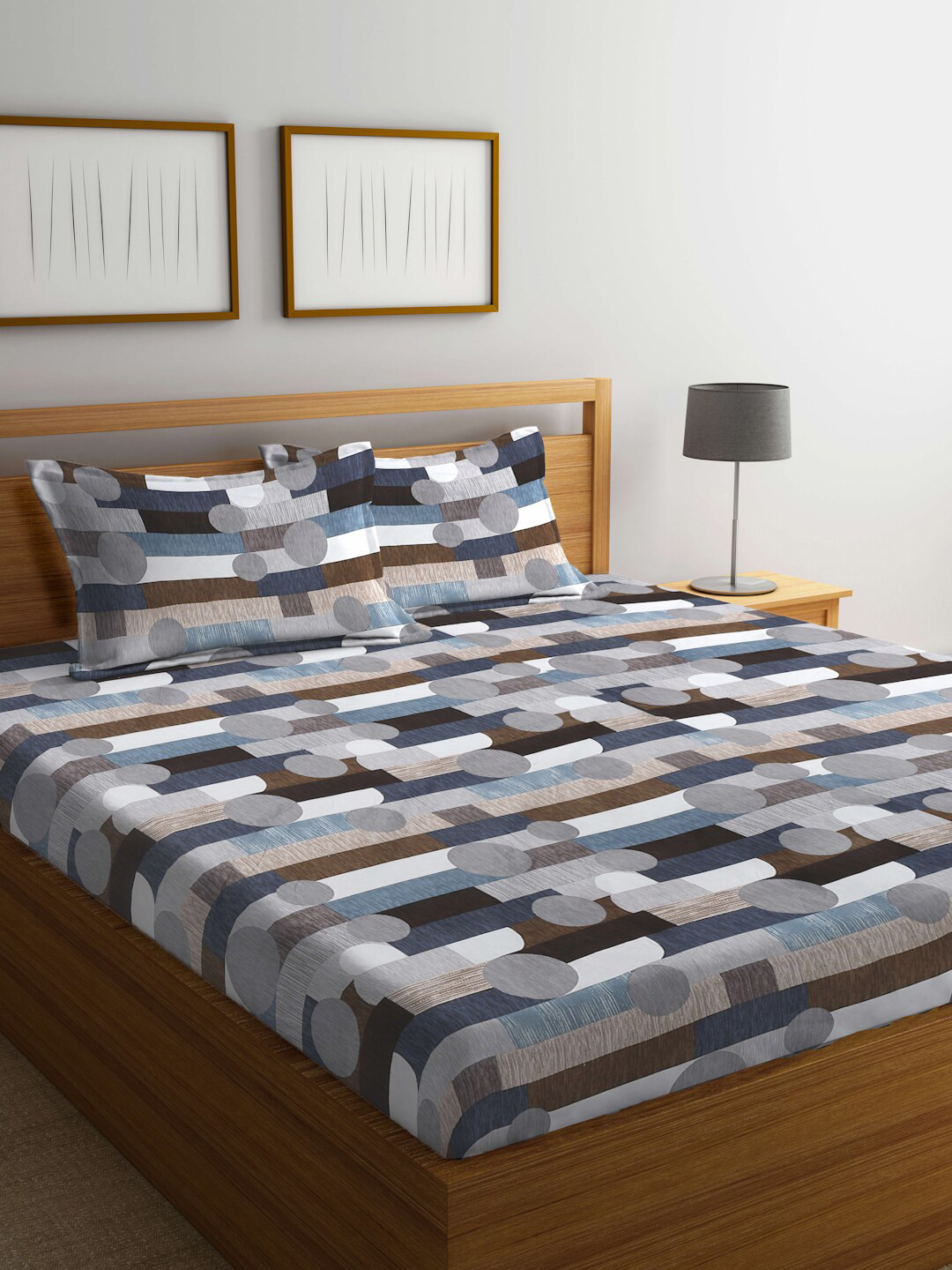 FABINALIV Serene Grey Geometric Cotton 300 TC King Fine Bedsheet with 2 Pillow Covers-106 x 106 inches