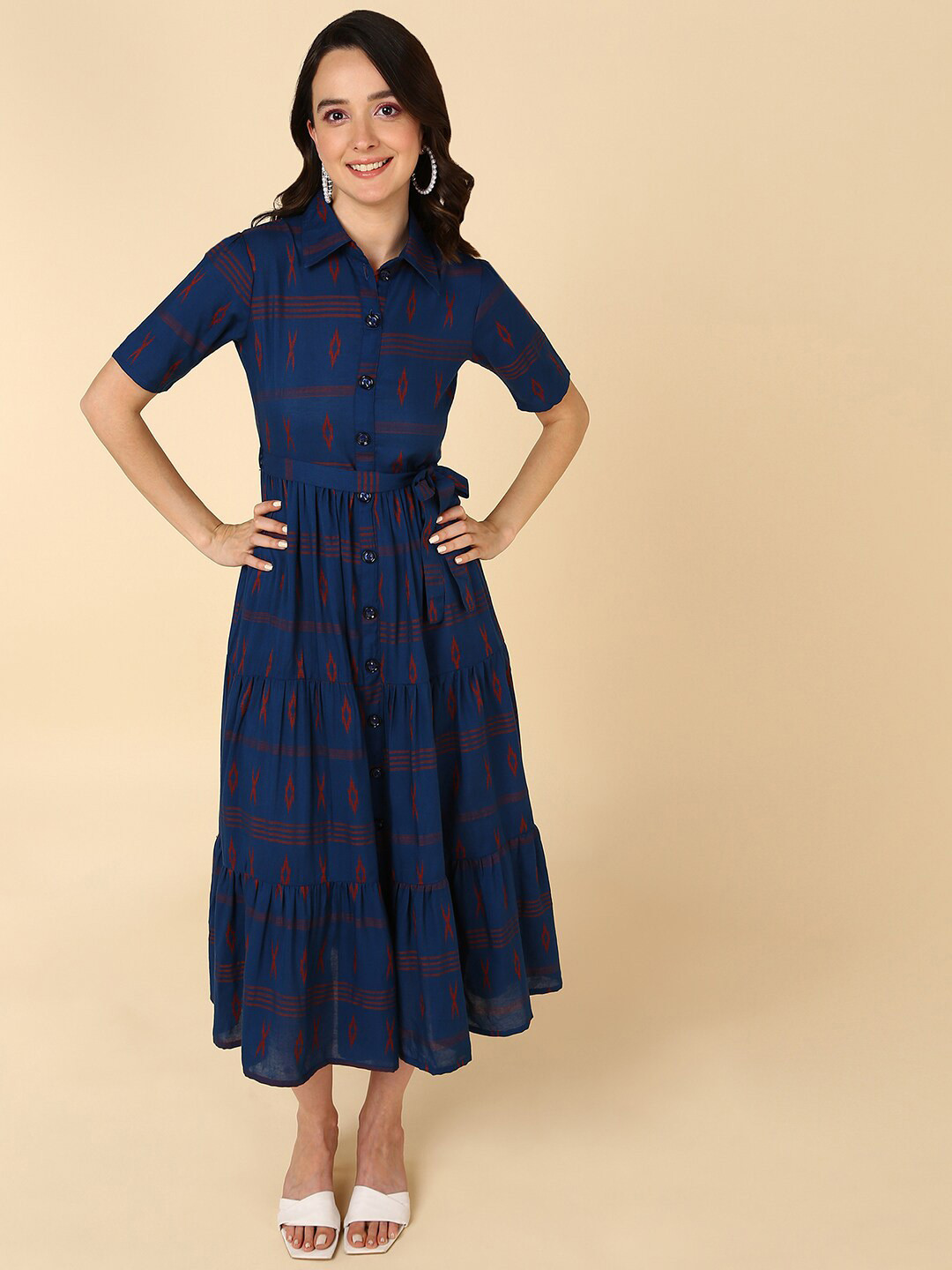 Mast & Harbour Blue Geometric Printed Shirt Midi Dress With Belt