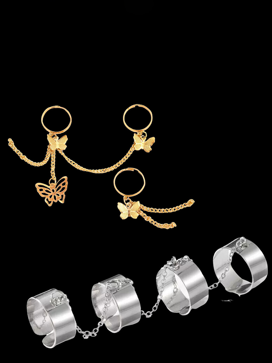 Pinapes Set Of 2 Butterfly & Round Shaped Detail Finger Rings