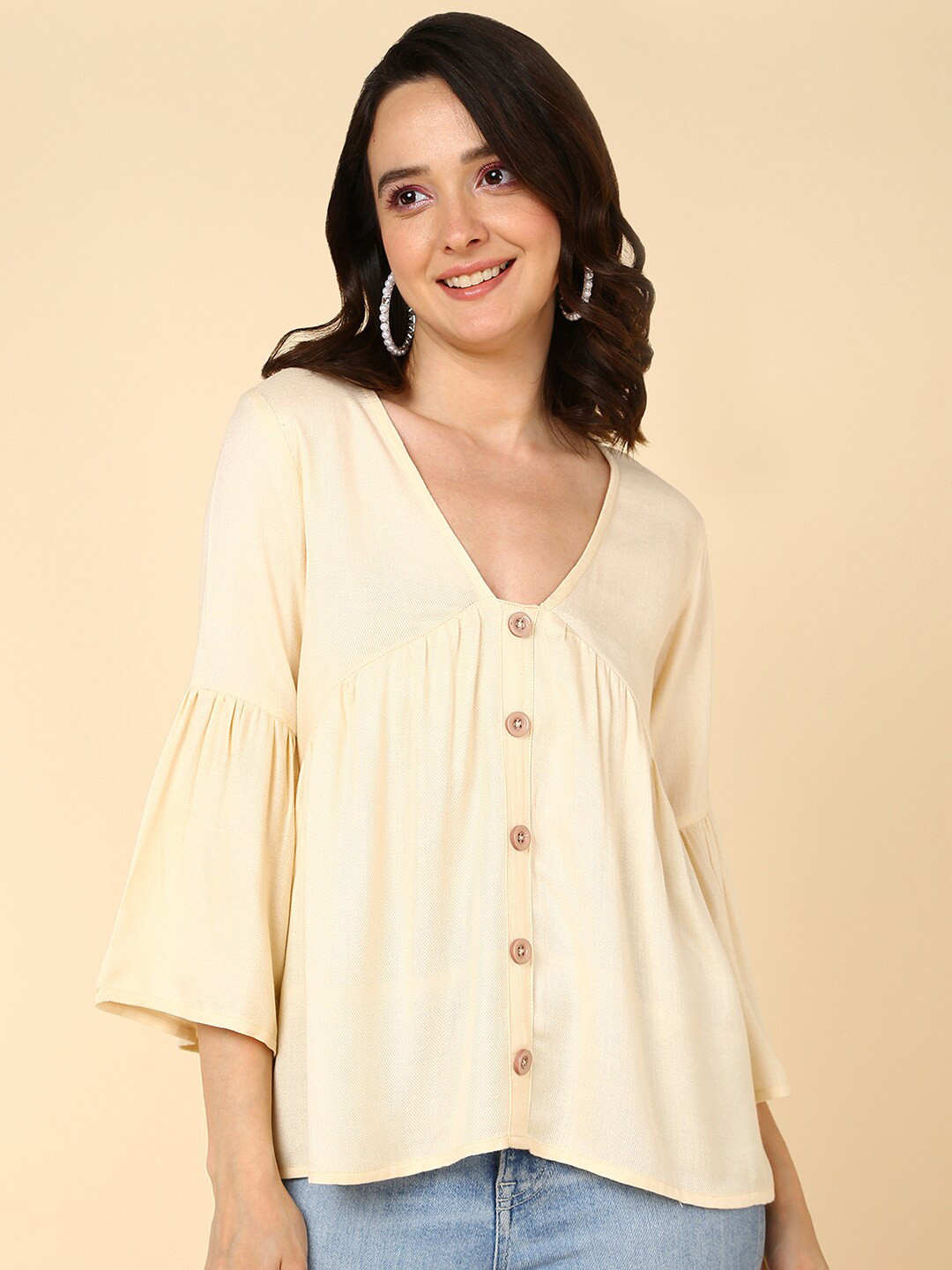 Mast & Harbour Cream V-Neck Three-Fourth Bell Sleeve Casual Top