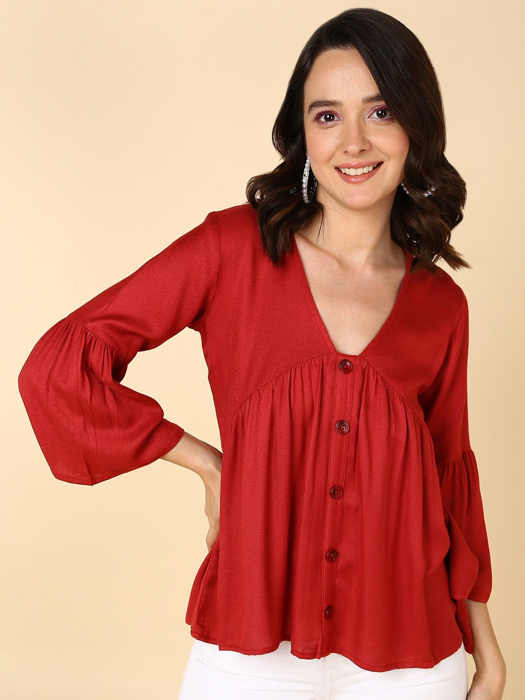 Mast & Harbour V-Neck Three-Fourth Bell Sleeve Casual Top