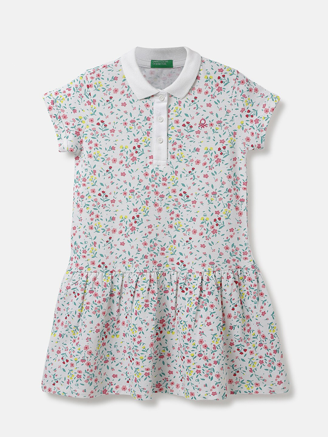 United Colors of Benetton Girls Floral Printed Polo Collar Drop-Waist Dress