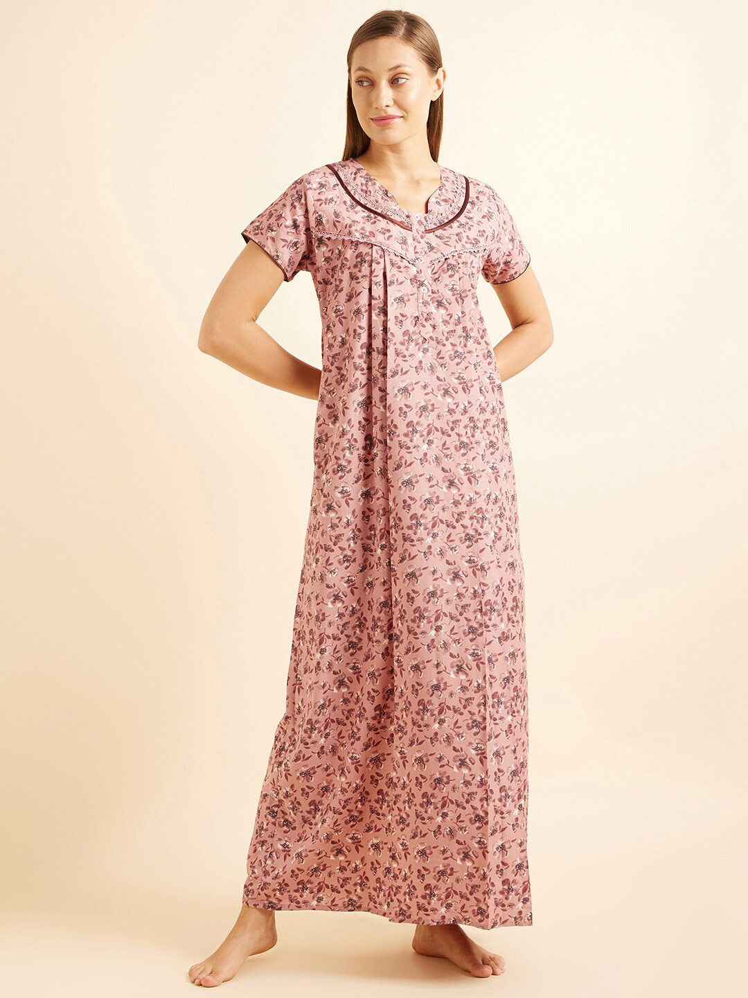 Sweet Dreams Brown & White Floral Printed Maxi Nightdress