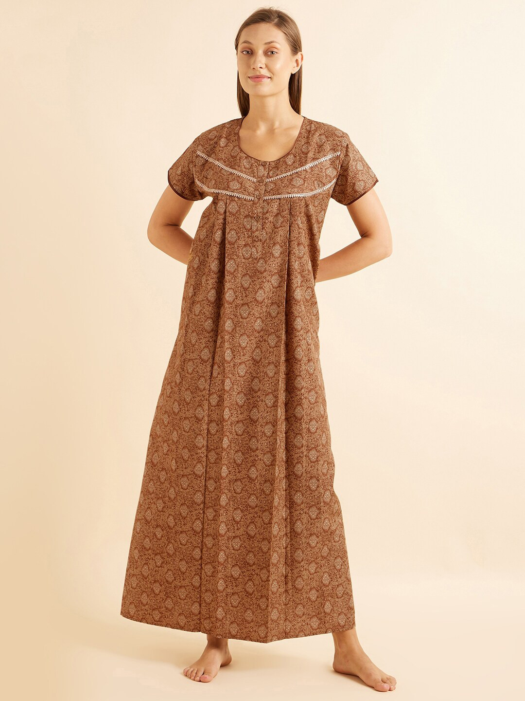 Sweet Dreams Khaki Ethnic Motifs Printed Maxi Nightdress