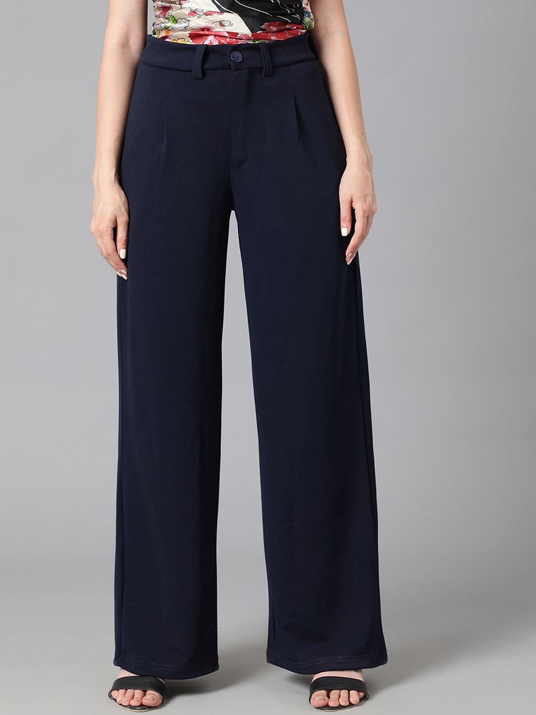 KOTTY BIZwear Women Navy Blue Relaxed Straight Leg High-Rise Easy Wash Pleated Parallel Trousers