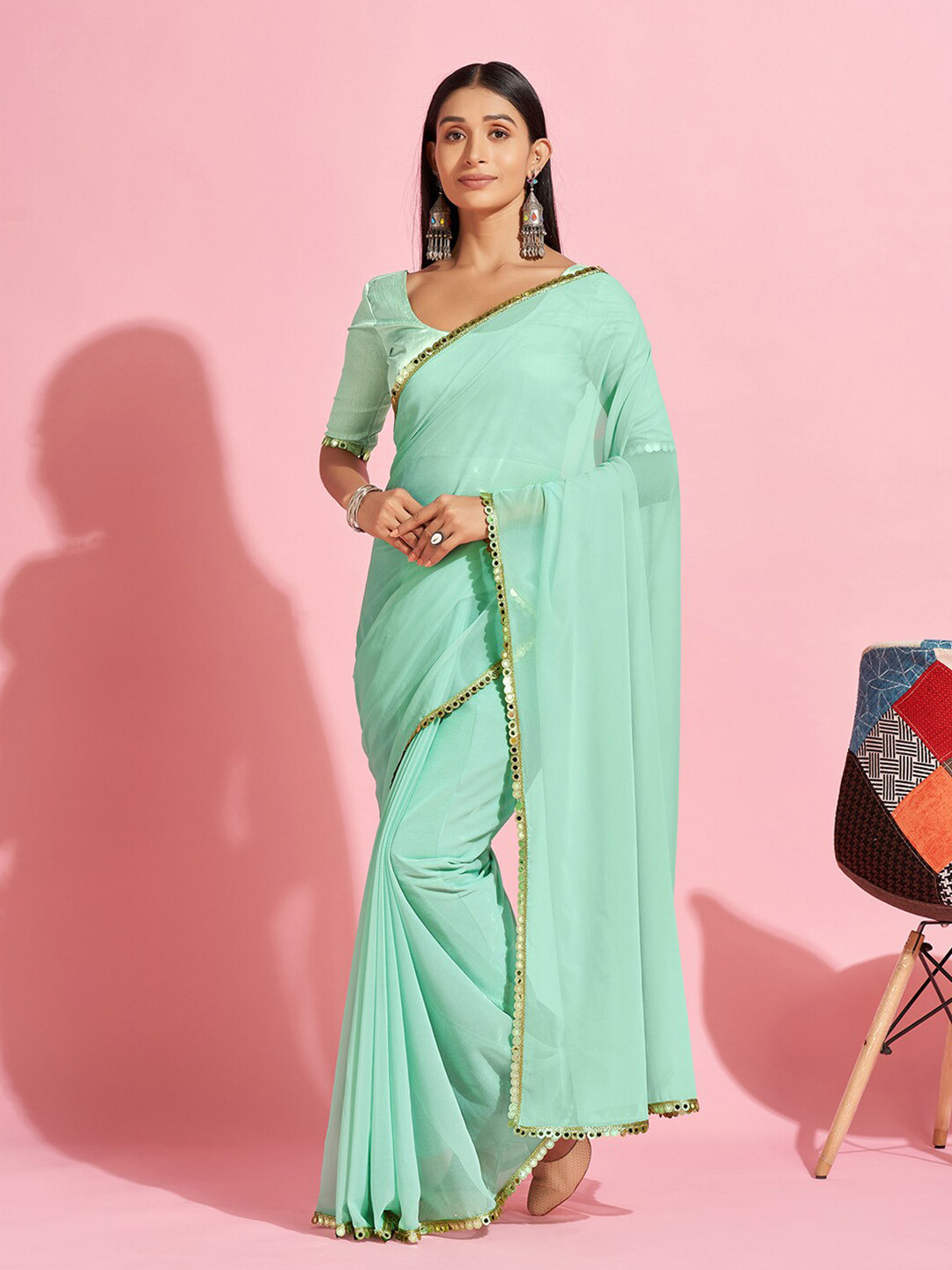 Mitera Sea Green Gold-Toned Mirror Worked Poly Georgette Saree