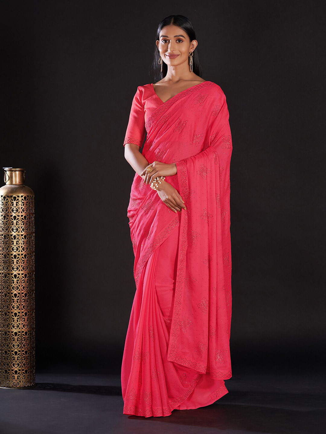 Mitera Pink & Silver-Toned Embellished Satin Saree