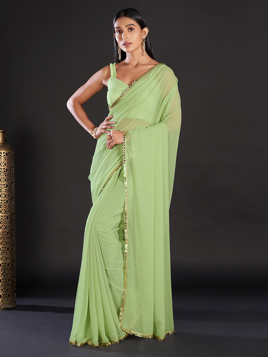 Mitera Green & Gold-Toned Mirror Worked Poly Georgette Saree