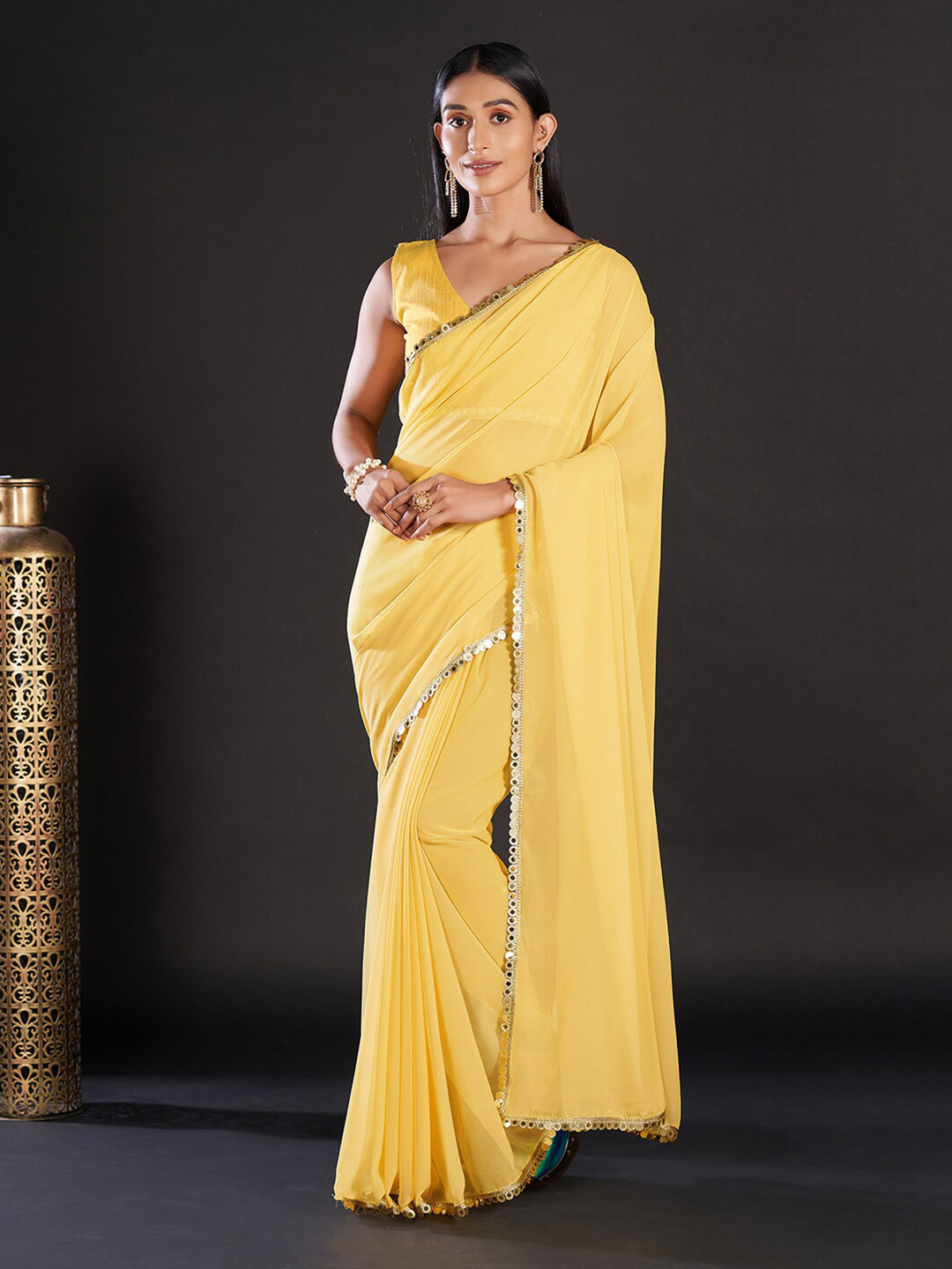 Mitera Yellow & Gold-Toned Mirror Worked Pure Georgette Saree